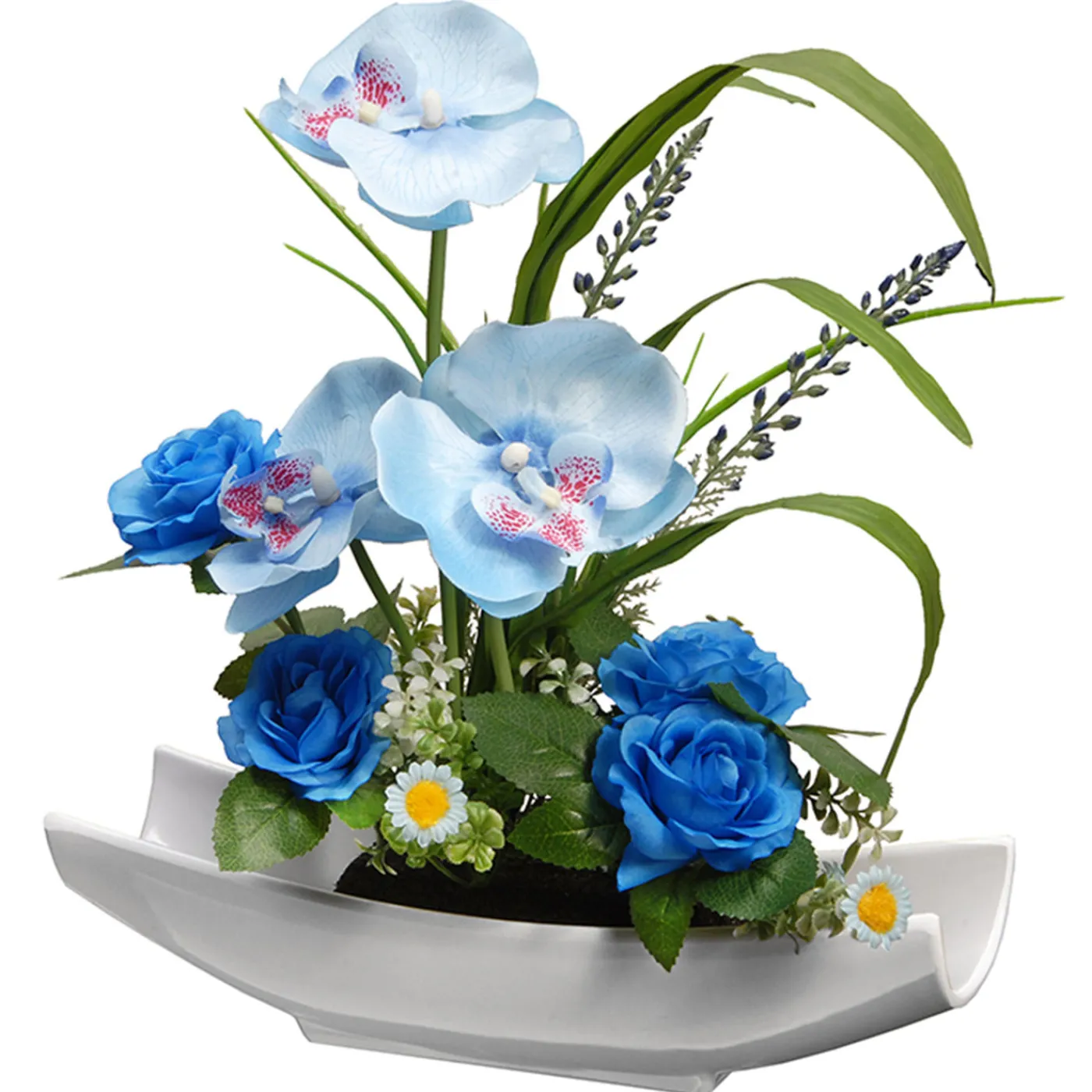 National Tree Company 15 in. Spring Potted White Orchid and Blue Roses Flower Pot with Leafy Greens
