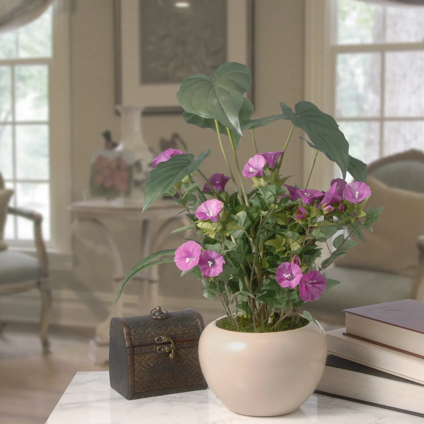 National Tree Company 18 in. Spring Purple Flower Blooms Potted Plant in a Cream Ceramic Pot