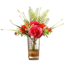 National Tree Company 12 in. Spring Red Roses Flower Bouquet in Glass Vase with Leafy Greens