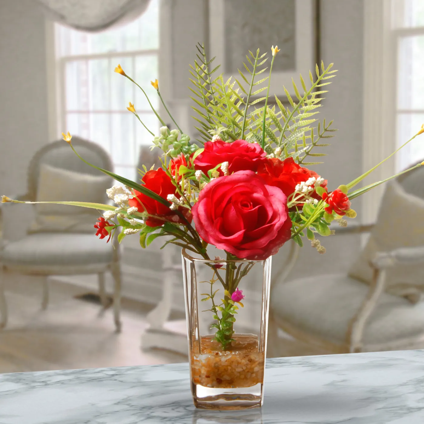 National Tree Company 12 in. Spring Red Roses Flower Bouquet in Glass Vase with Leafy Greens