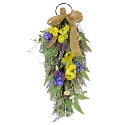 National Tree Company 26 in. Spring Teardrop Wall Hanging Decoration with Pansy Blooms, Lavender, Assorted Blossoms, Flowing Green Stems