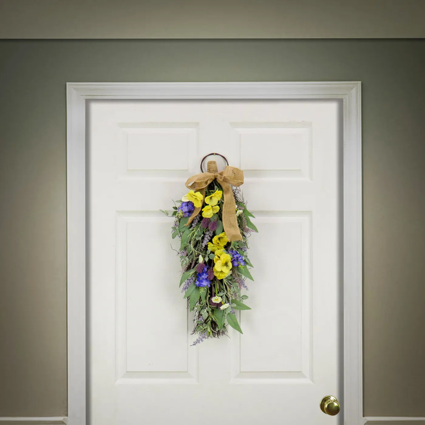 National Tree Company 26 in. Spring Teardrop Wall Hanging Decoration with Pansy Blooms, Lavender, Assorted Blossoms, Flowing Green Stems