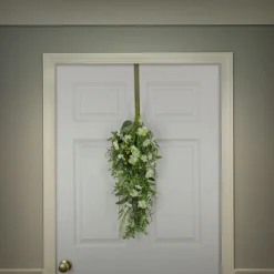 National Tree Company 28 in. Spring Teardrop Wall Hanging Decoration with Flower Blooms, Berries, Leafy Greens