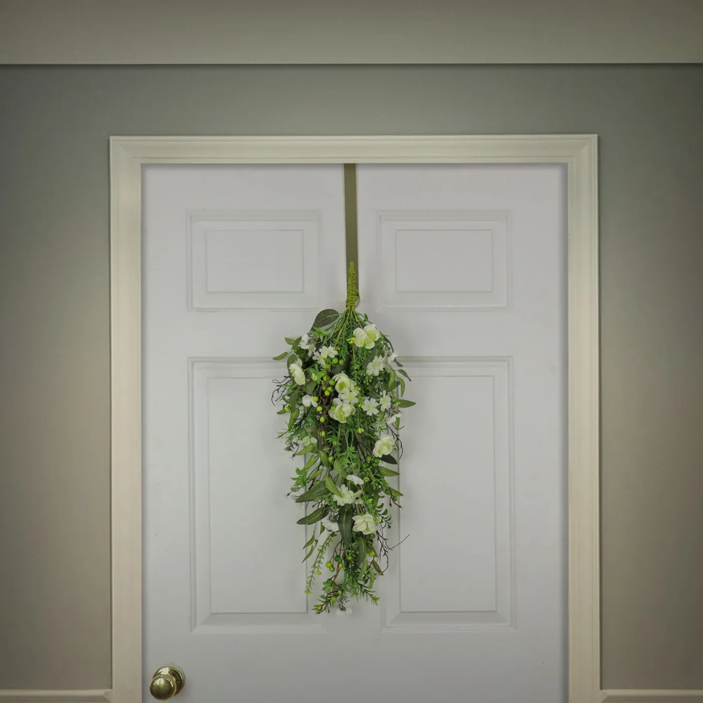 National Tree Company 28 in. Spring Teardrop Wall Hanging Decoration with Flower Blooms, Berries, Leafy Greens