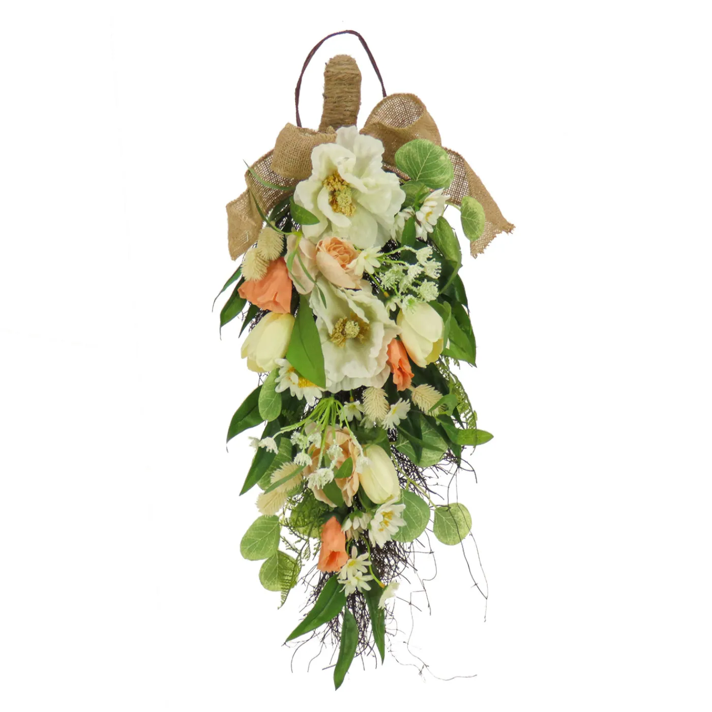 National Tree Company 26 in. Spring Teardrop Wall Hanging Decoration with Tulip Blooms, Poppies, Buttercup Blossoms, Flowing Green Stems