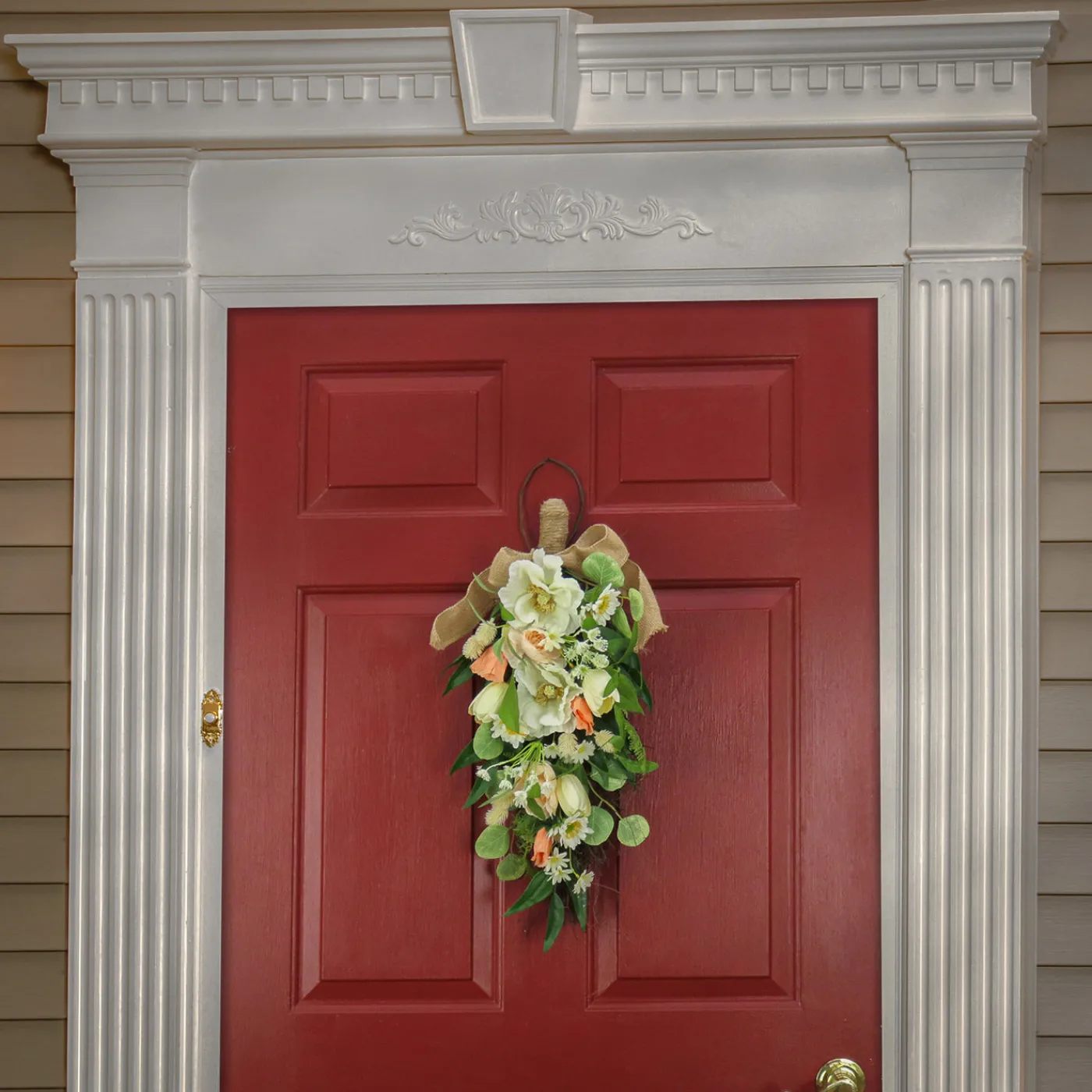 National Tree Company 26 in. Spring Teardrop Wall Hanging Decoration with Tulip Blooms, Poppies, Buttercup Blossoms, Flowing Green Stems