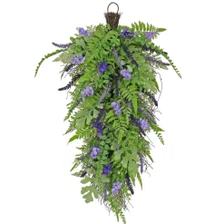 National Tree Company 30 in. Spring Teardrop Wall Hanging Decoration with Astilbe Flower Blooms, Ferns, Leafy Greens