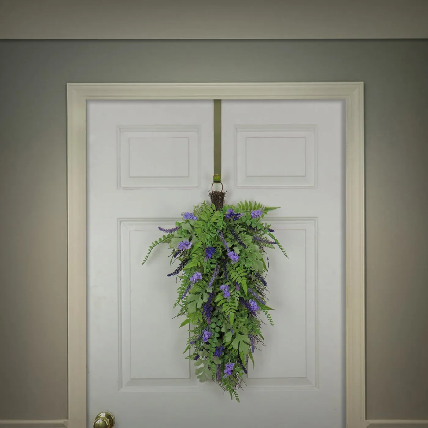 National Tree Company 30 in. Spring Teardrop Wall Hanging Decoration with Astilbe Flower Blooms, Ferns, Leafy Greens