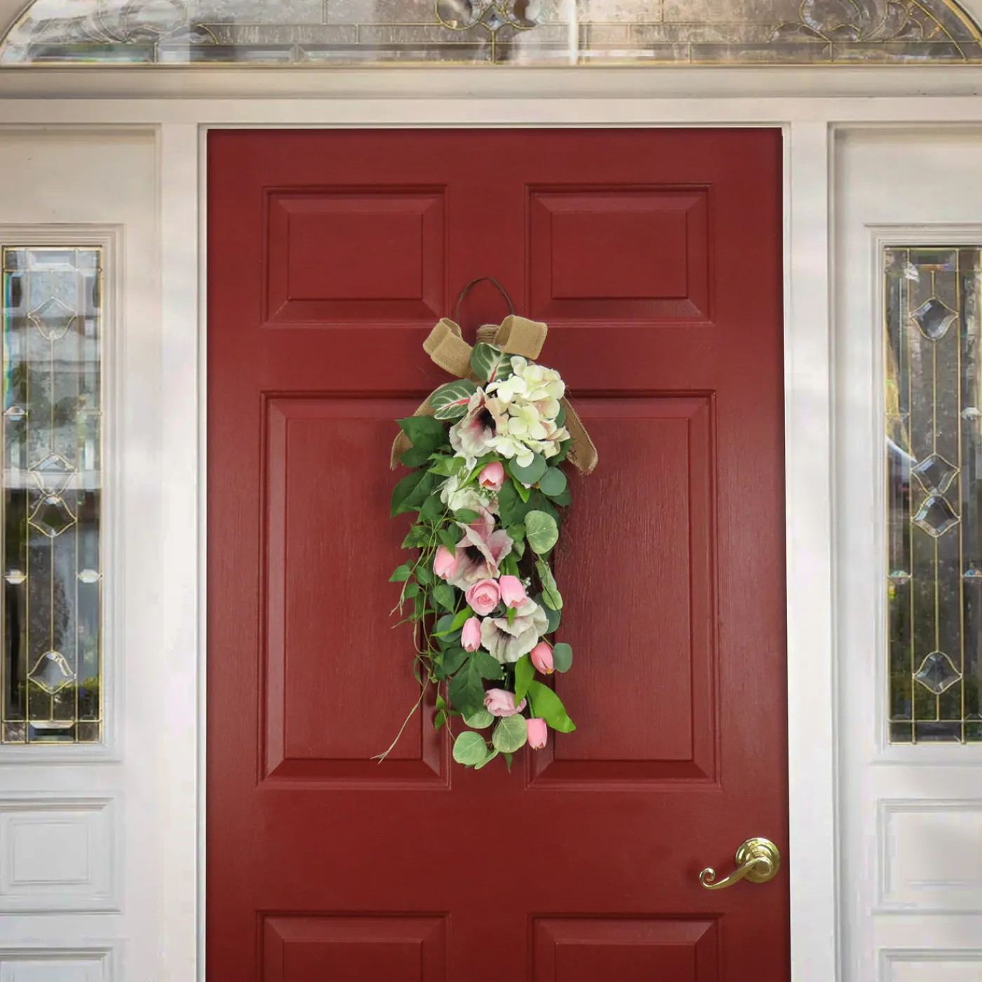 National Tree Company 26 in. Spring Teardrop Wall Hanging Decoration with Hydrangea and Tulip Blooms, Eucalyptus Leaves, Flowing Green Stems