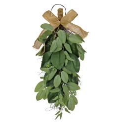 National Tree Company 26 in. Spring Teardrop Wall Hanging Decoration with Eucalyptus Leaves, Magnolia Blooms, Flowing Green Stems
