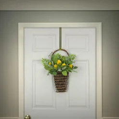 National Tree Company 21 in. Spring Wall Hanging Basket with Lemons, Seed Pods, Leafy Greens