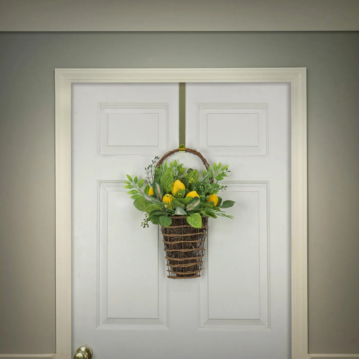 National Tree Company 21 in. Spring Wall Hanging Basket with Lemons, Seed Pods, Leafy Greens