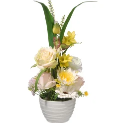 National Tree Company 17 in. Spring White Daises and Roses Flower Pot with Leafy Greens