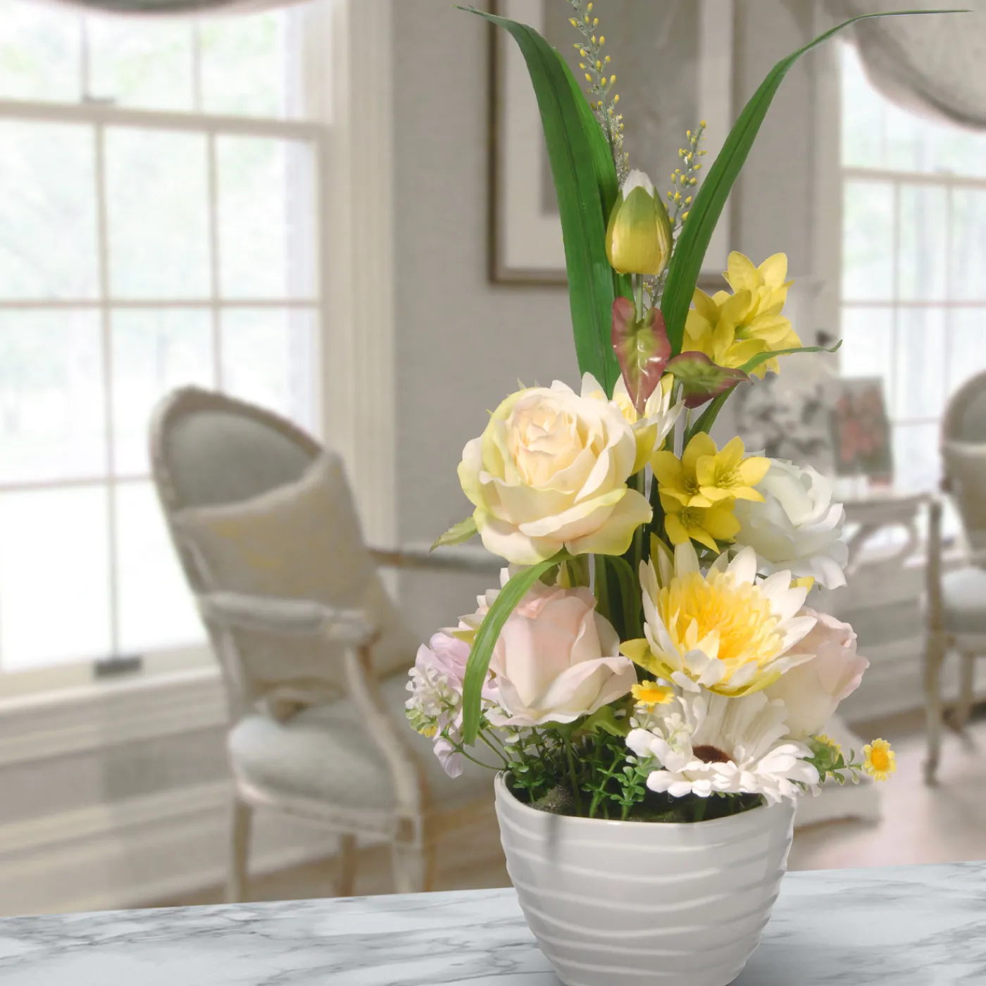 National Tree Company 17 in. Spring White Daises and Roses Flower Pot with Leafy Greens