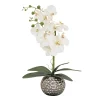 National Tree Company 21 in. Spring White Orchid in Silver Smooth Ceramic Pot