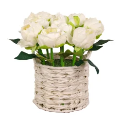 National Tree Company 10 in. Spring White Peony Flower Bouquet in White Basket