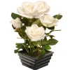 National Tree Company 11 in. Spring White Roses Flower Potted Plant in a Black Base