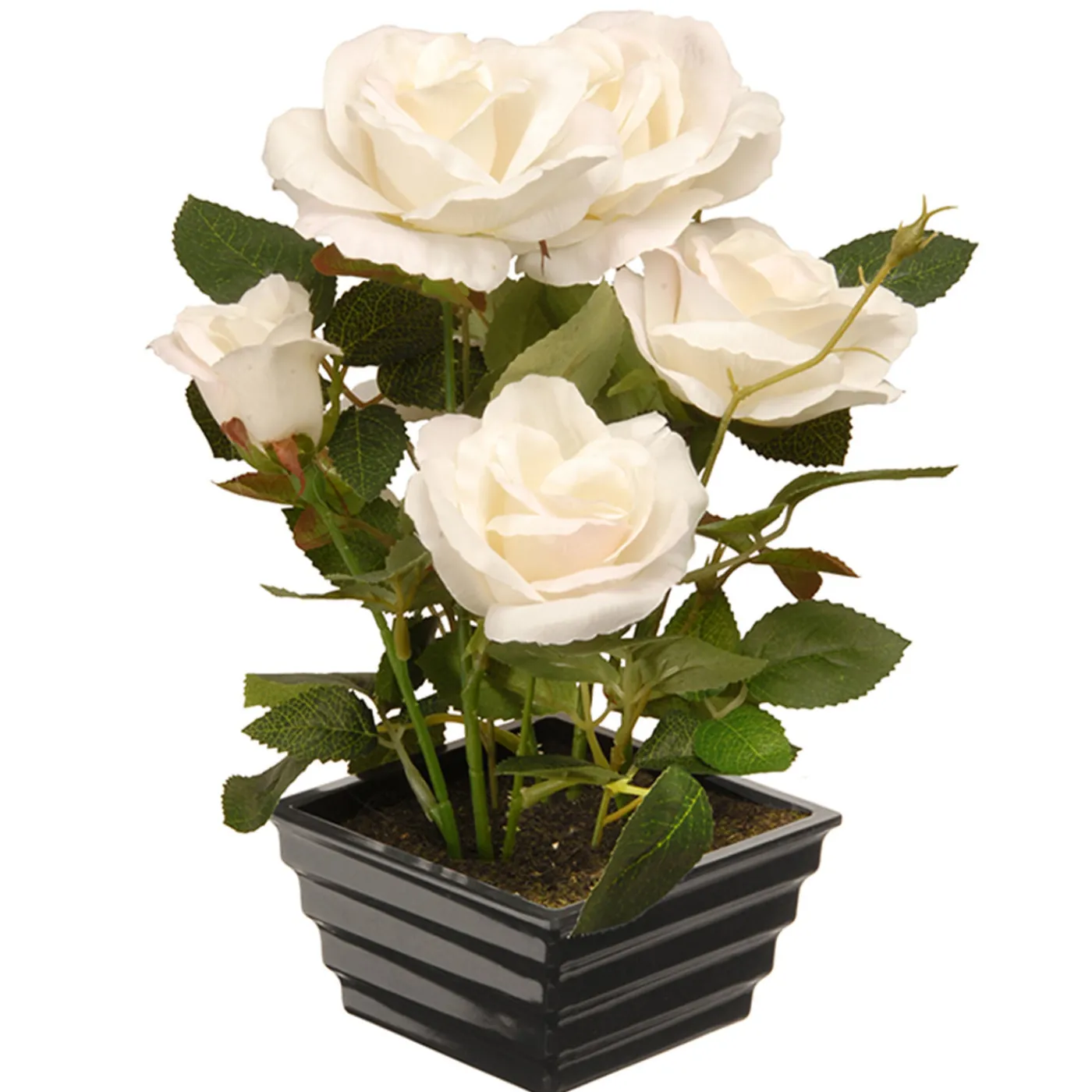 National Tree Company 11 in. Spring White Roses Flower Potted Plant in a Black Base