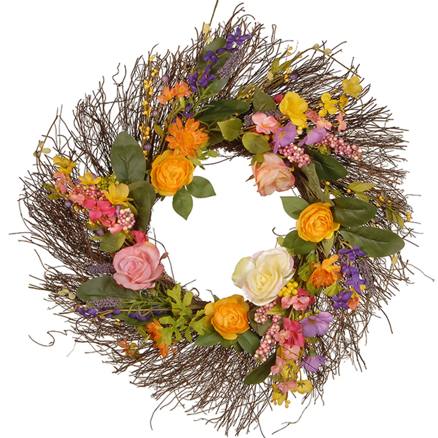 National Tree Company 24 in. Spring Wildflower Wreath with Flower Blooms, Berry Clusters, Leaves