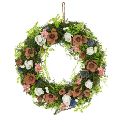 National Tree Company 18 in. Spring Wreath with Assorted Flower Blooms, Roses, Seed Pods, Flowing Green Stems