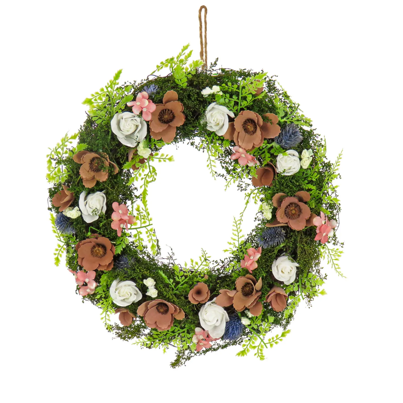 National Tree Company 18 in. Spring Wreath with Assorted Flower Blooms, Roses, Seed Pods, Flowing Green Stems