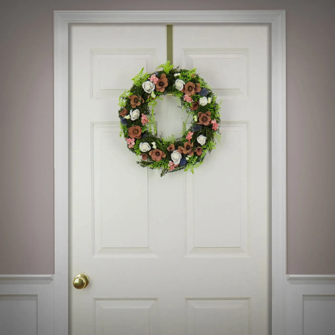 National Tree Company 18 in. Spring Wreath with Assorted Flower Blooms, Roses, Seed Pods, Flowing Green Stems