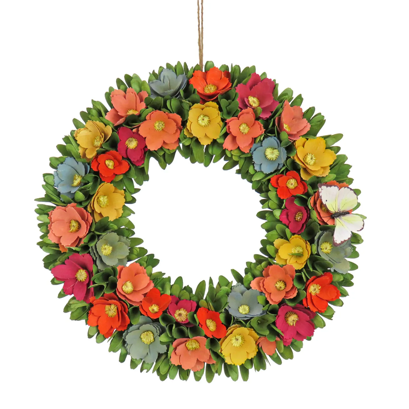 National Tree Company 20 in. Spring Wreath with Colorful Assorted Wood Cut Flowers, Flowing Green Leaves