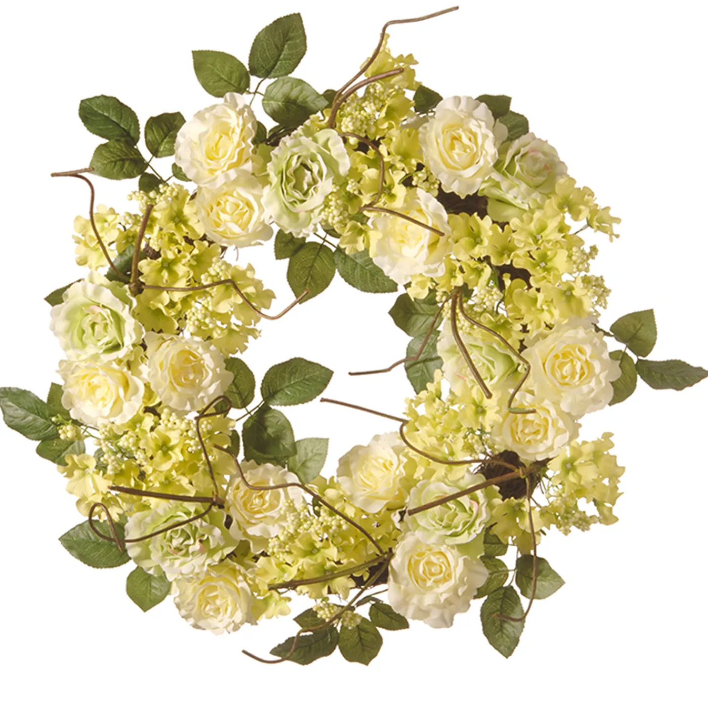 National Tree Company 20 in. Spring Wreath with Cream Rose Blooms, Branches, Leafy Greens
