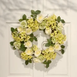 National Tree Company 20 in. Spring Wreath with Cream Rose Blooms, Branches, Leafy Greens