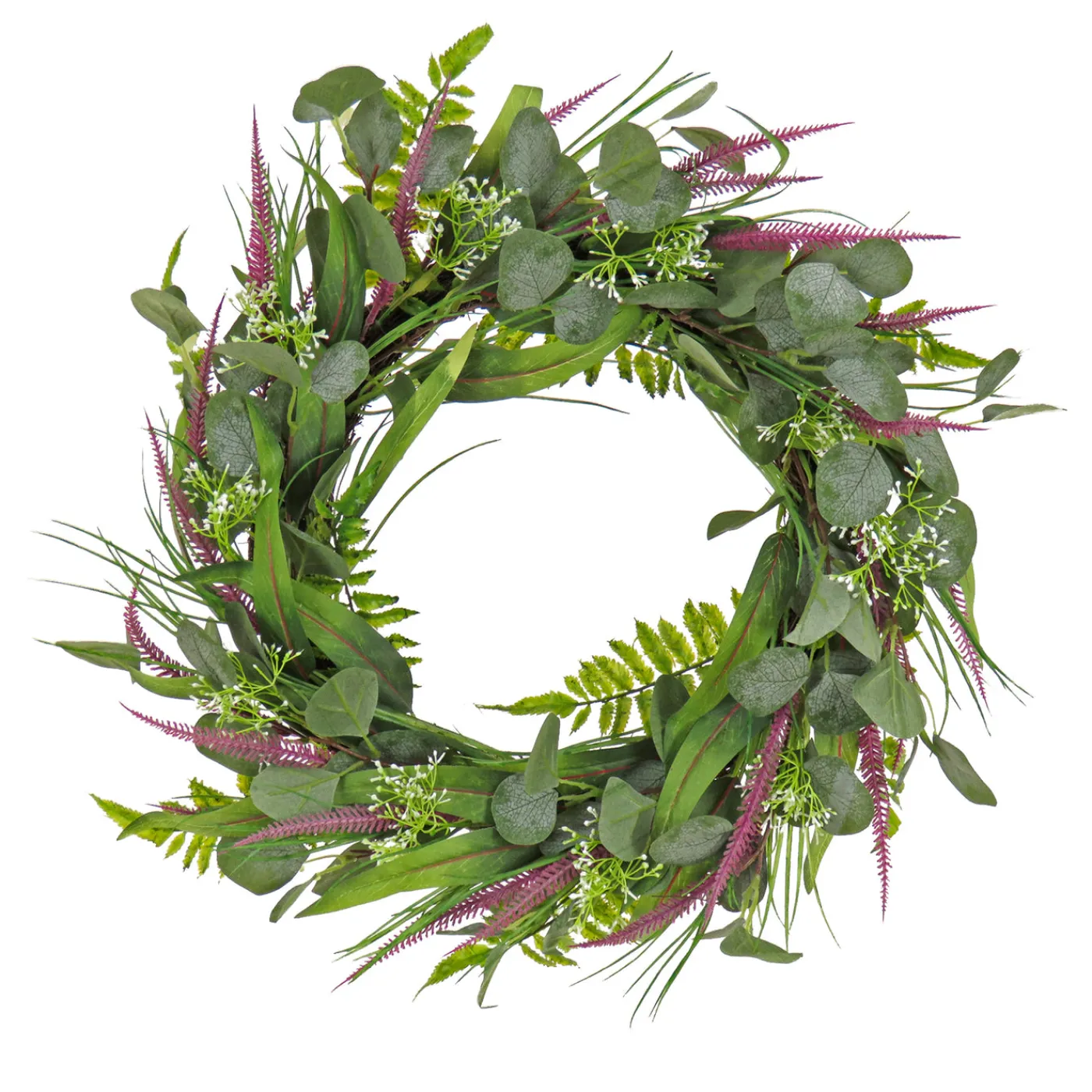 National Tree Company 22 in. Spring Wreath with Eucalyptus Leaves, Lavender, Flowing Green Stems