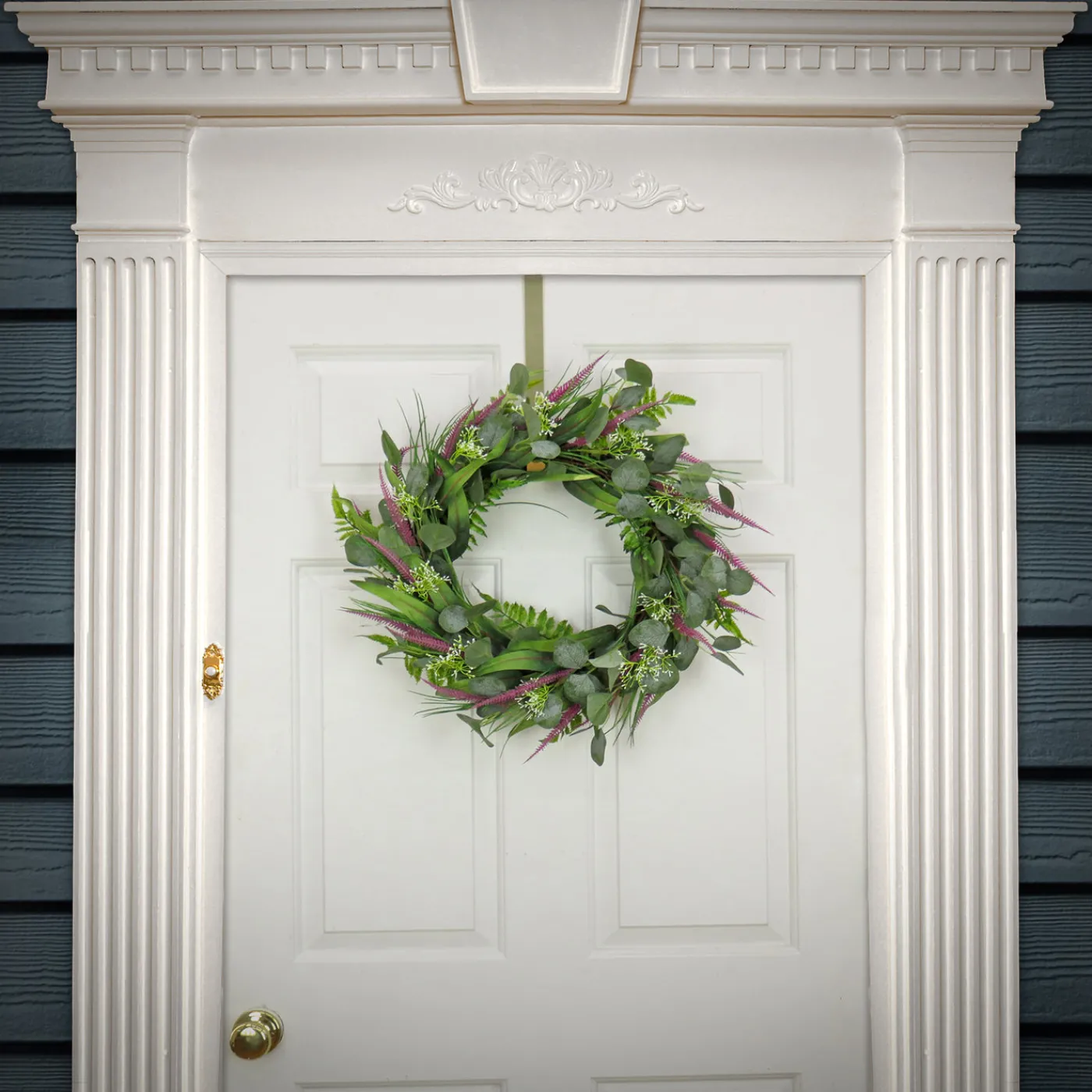 National Tree Company 22 in. Spring Wreath with Eucalyptus Leaves, Lavender, Flowing Green Stems