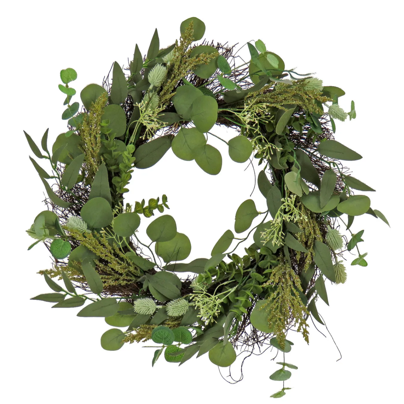 National Tree Company 22 in. Spring Wreath with Eucalyptus Leaves, Baby's Breath, Flowing Green Stems