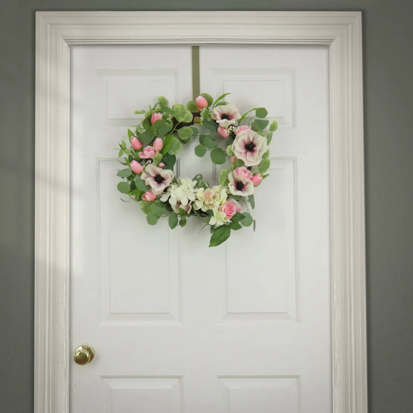 National Tree Company 22 in. Spring Wreath with Hydrangea, Tulip, and Eucalyptus Blooms