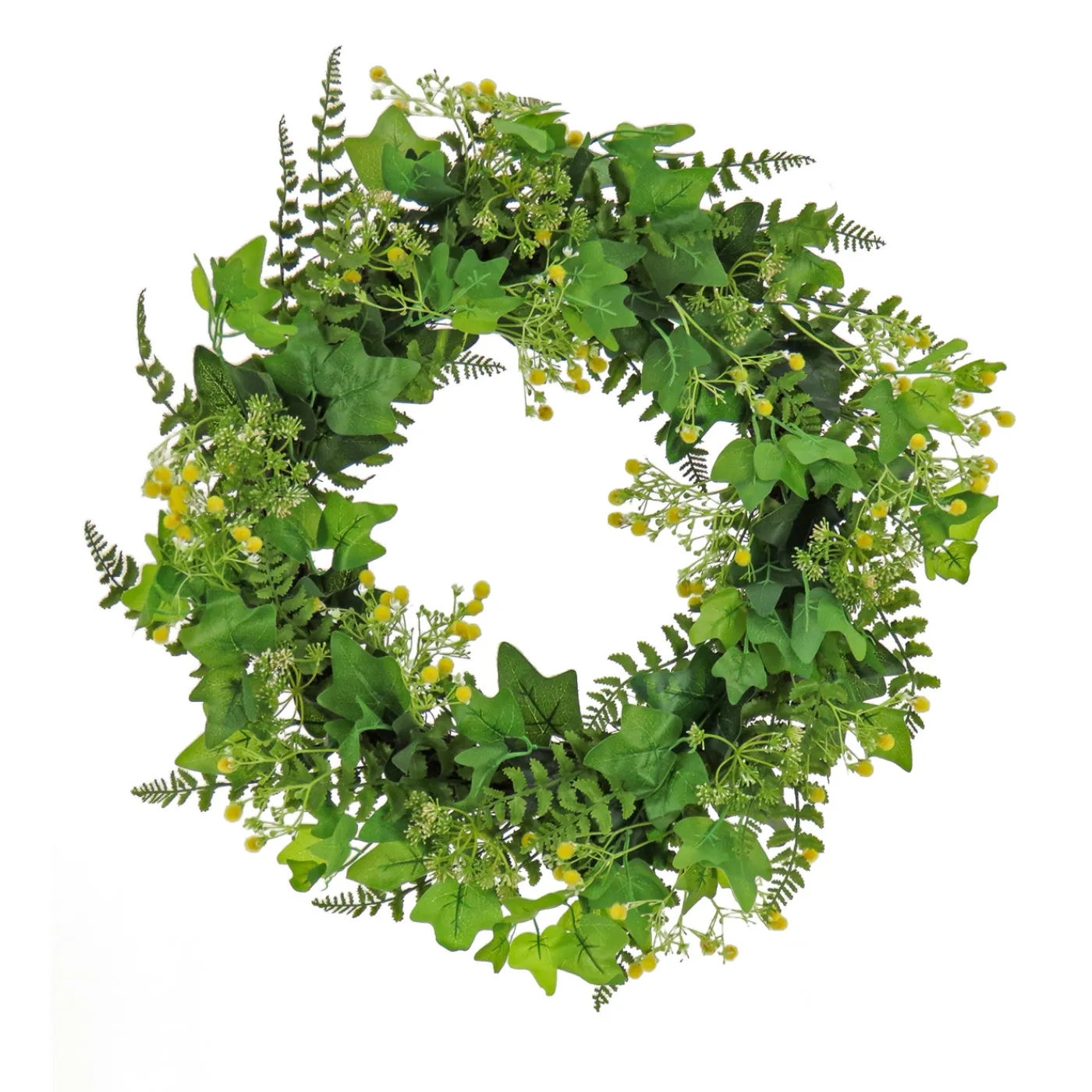 National Tree Company 24 in. Spring Wreath with Ivy, Fern Leaves, Seed Pods, and Flowing Green Stems
