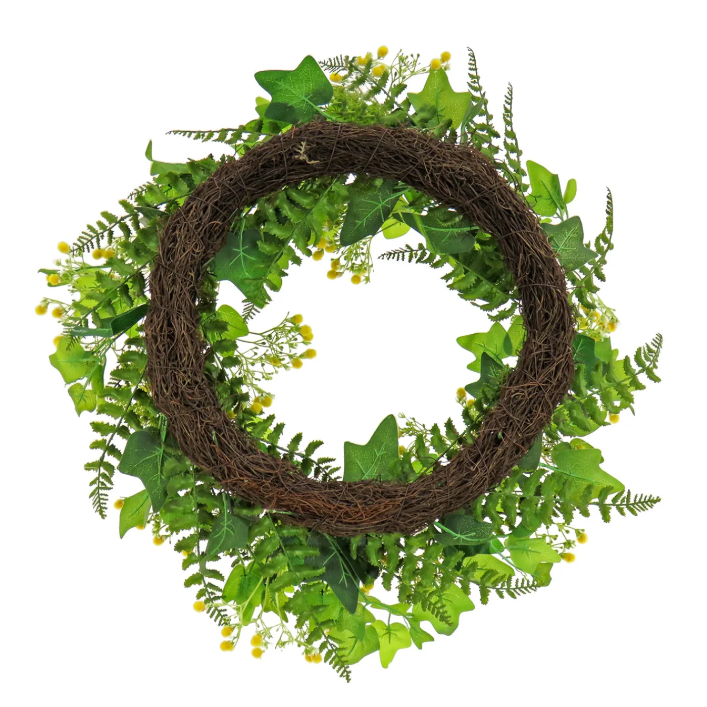 National Tree Company 24 in. Spring Wreath with Ivy, Fern Leaves, Seed Pods, and Flowing Green Stems
