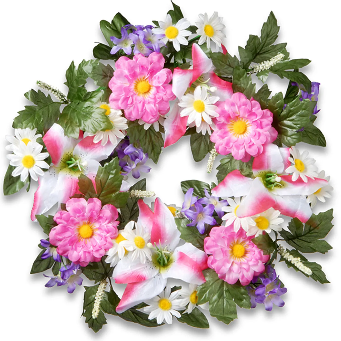 National Tree Company 18 in. Spring Wreath with Multicolor Daisy and Tiger Lily Blooms, Leafy Greens, Berry Clusters