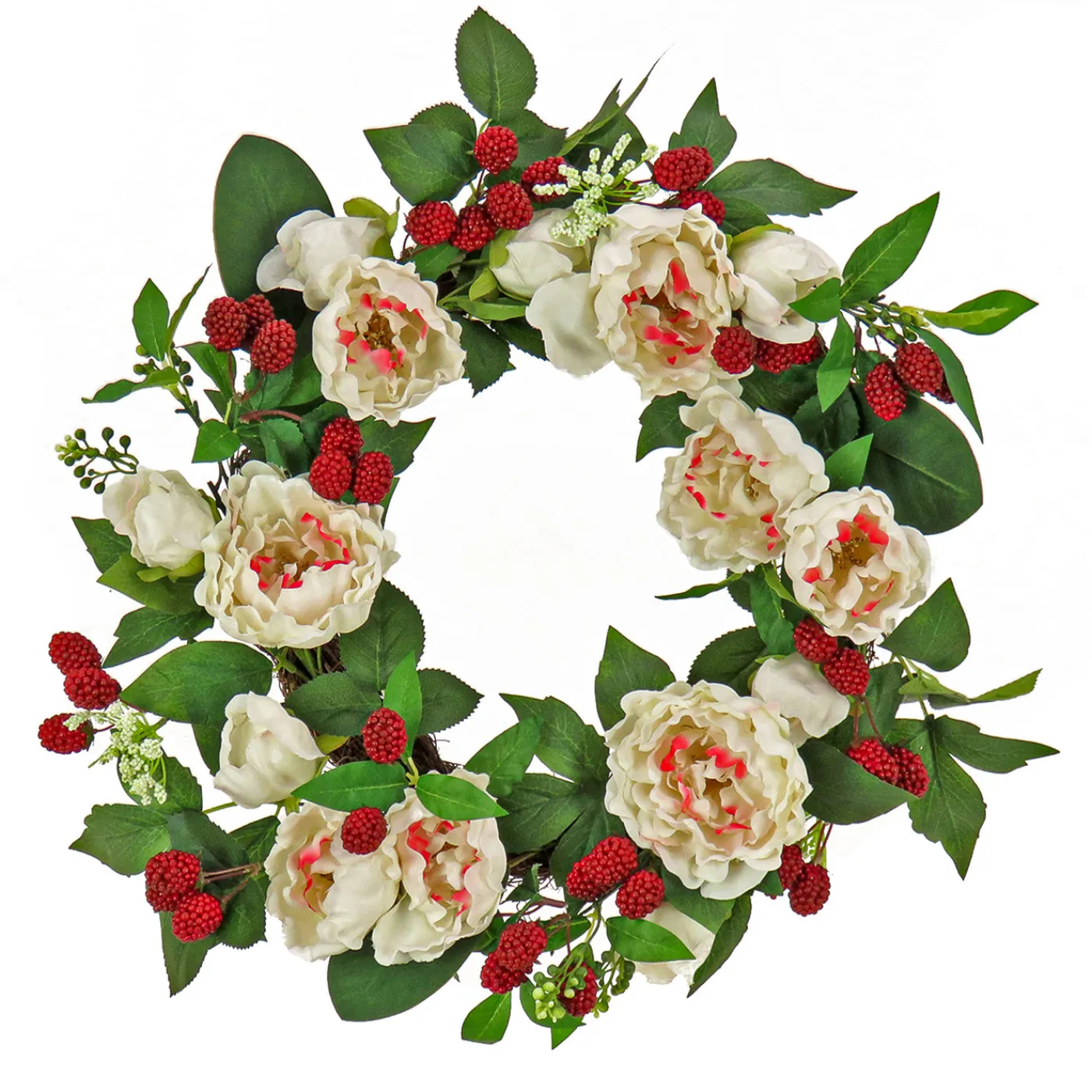 National Tree Company 22 in. Spring Wreath with Peony Flowers, Raspberries, and Leafy Greens