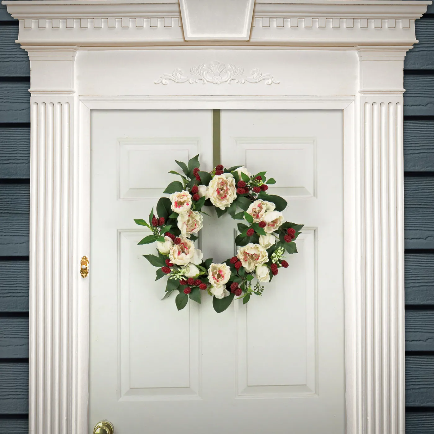 National Tree Company 22 in. Spring Wreath with Peony Flowers, Raspberries, and Leafy Greens