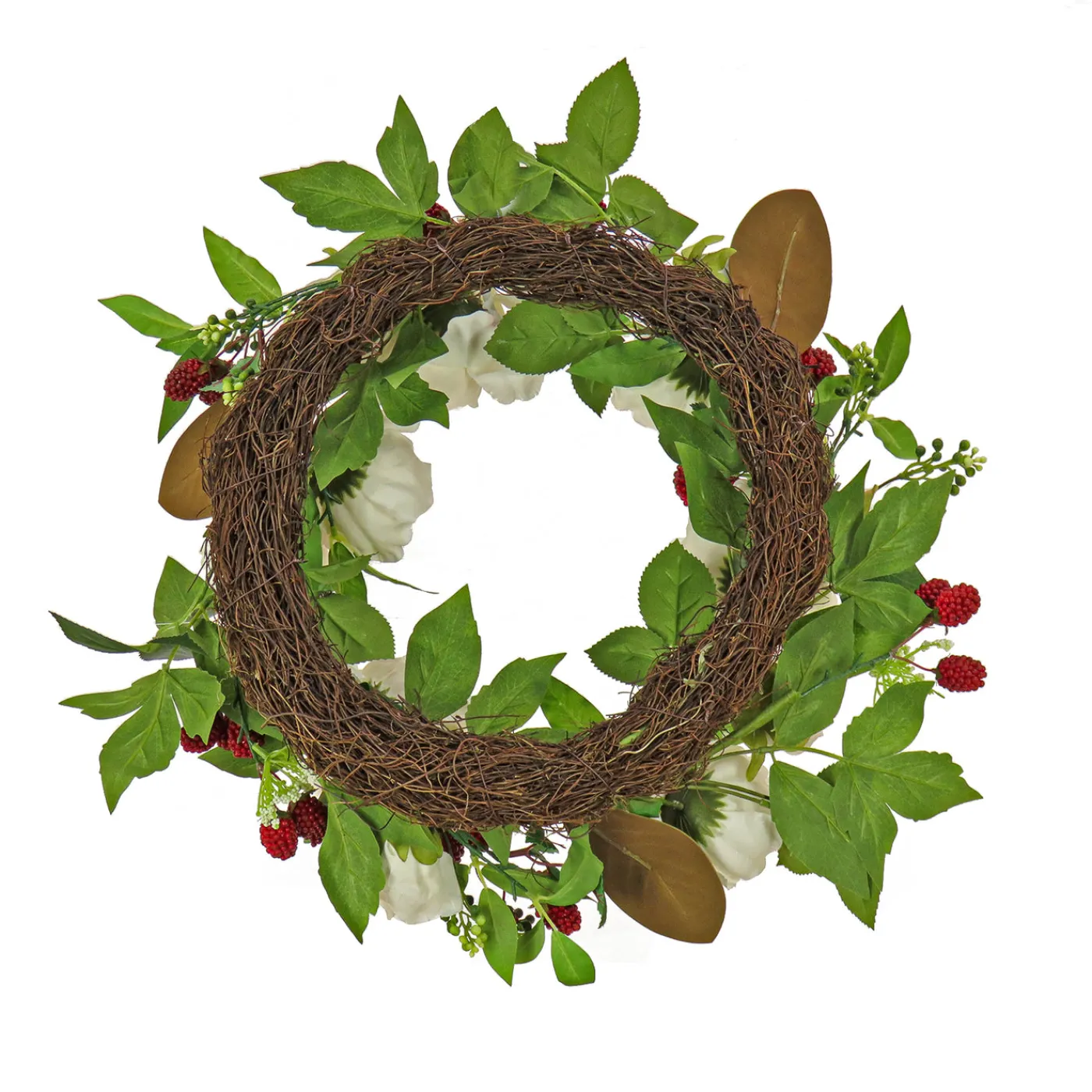 National Tree Company 22 in. Spring Wreath with Peony Flowers, Raspberries, and Leafy Greens