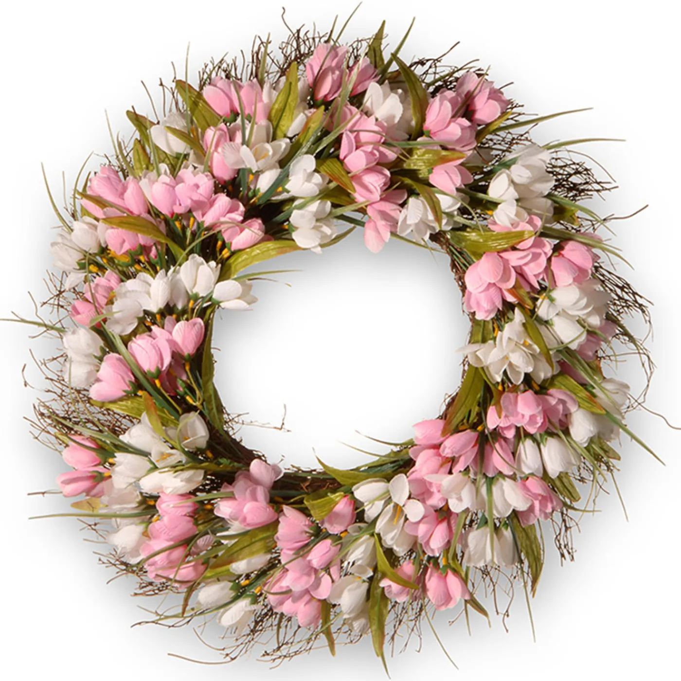 National Tree Company 21 in. Spring Wreath with Pink and White Tulips, Flowing Green Stems