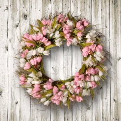 National Tree Company 21 in. Spring Wreath with Pink and White Tulips, Flowing Green Stems