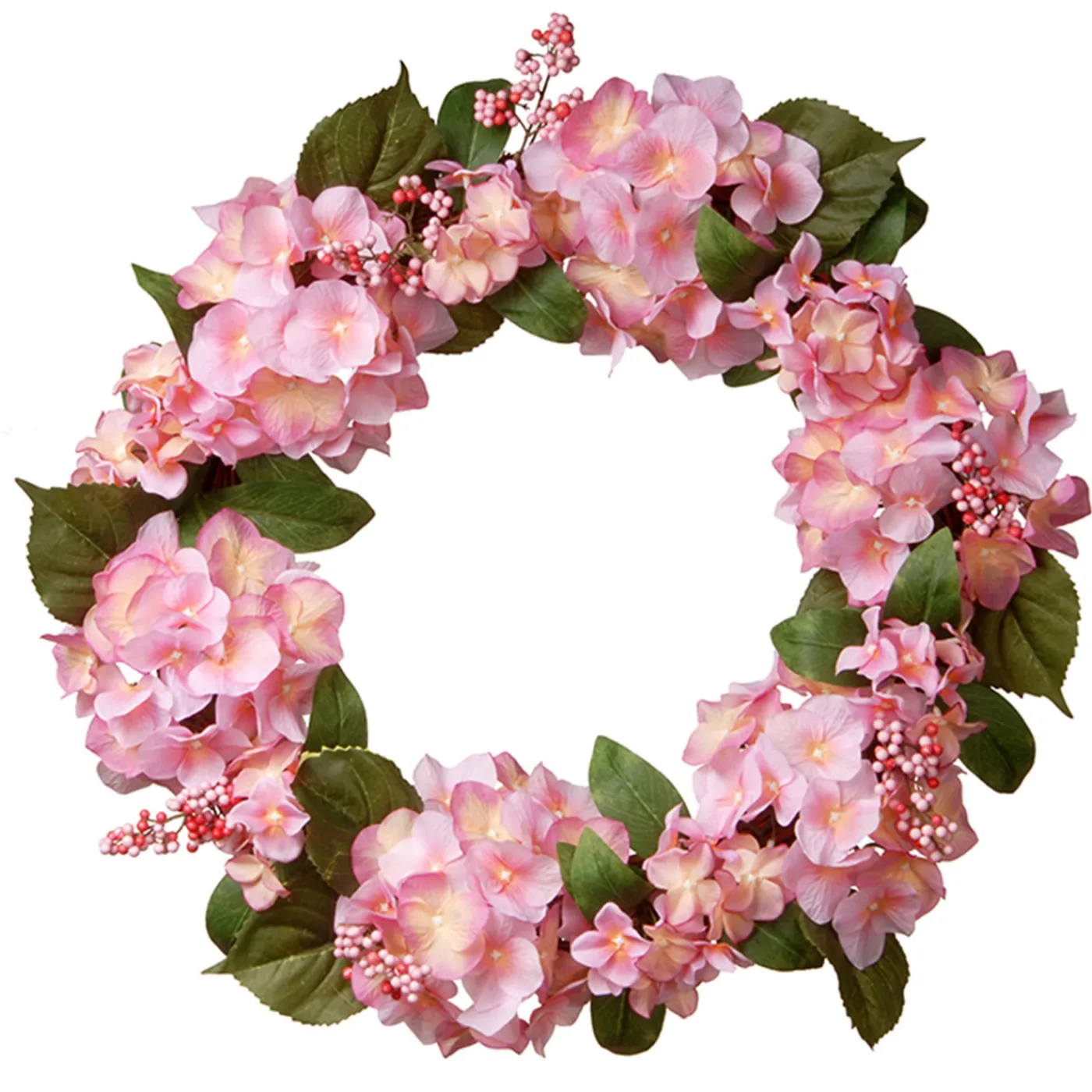 National Tree Company 24 in. Spring Wreath with Pink Hydrangea Blooms, Berry Clusters, Leafy Greens