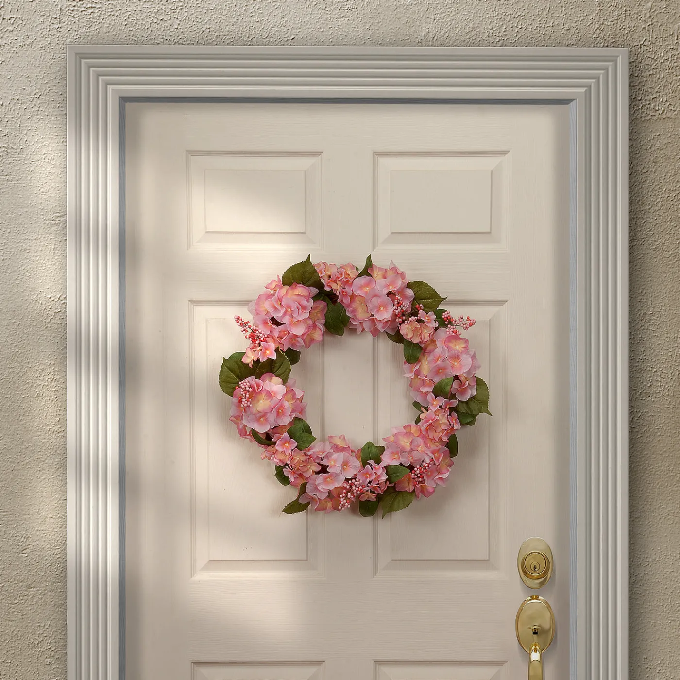 National Tree Company 24 in. Spring Wreath with Pink Hydrangea Blooms, Berry Clusters, Leafy Greens
