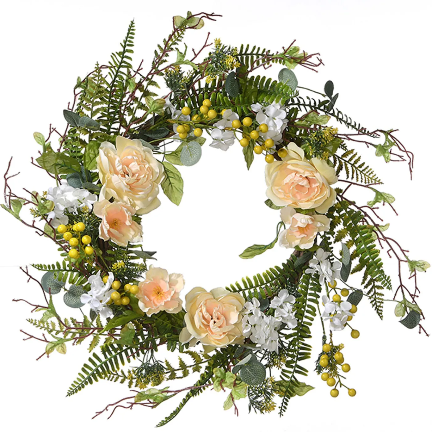 National Tree Company 20 in. Spring Wreath with Pink and White Flower Blooms, Yellow Berry Clusters, Fern Fronds