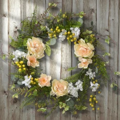 National Tree Company 20 in. Spring Wreath with Pink and White Flower Blooms, Yellow Berry Clusters, Fern Fronds