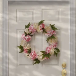 National Tree Company 24 in. Spring Wreath with Pink and White Peony Blooms, Leafy Greens