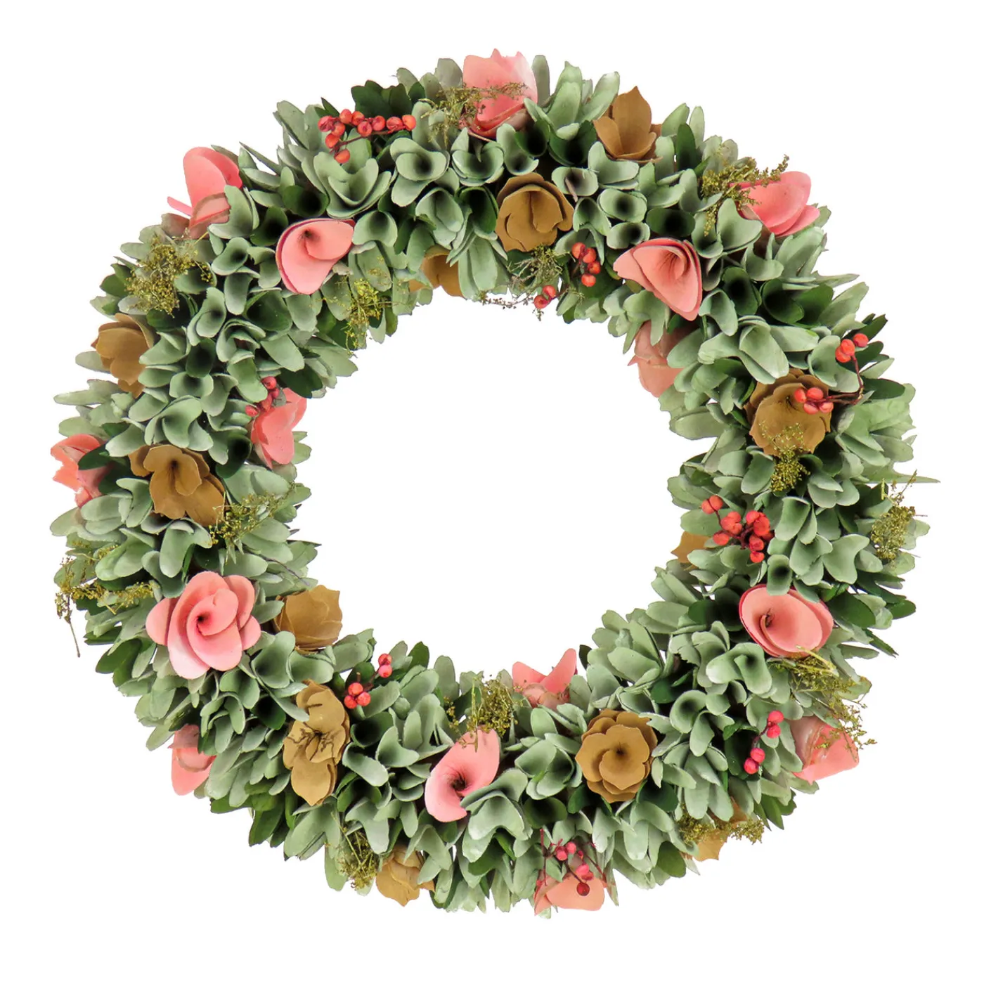 National Tree Company 18 in. Spring Wreath with Pink and Brown Assorted Wood Cut Flowers, Flowing Green Leaves