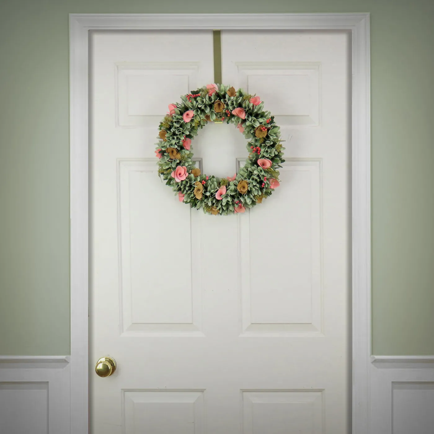 National Tree Company 18 in. Spring Wreath with Pink and Brown Assorted Wood Cut Flowers, Flowing Green Leaves