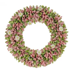National Tree Company 18 in. Spring Wreath with Pink and Green Assorted Wood Cut Flowers, Flowing Green Leaves
