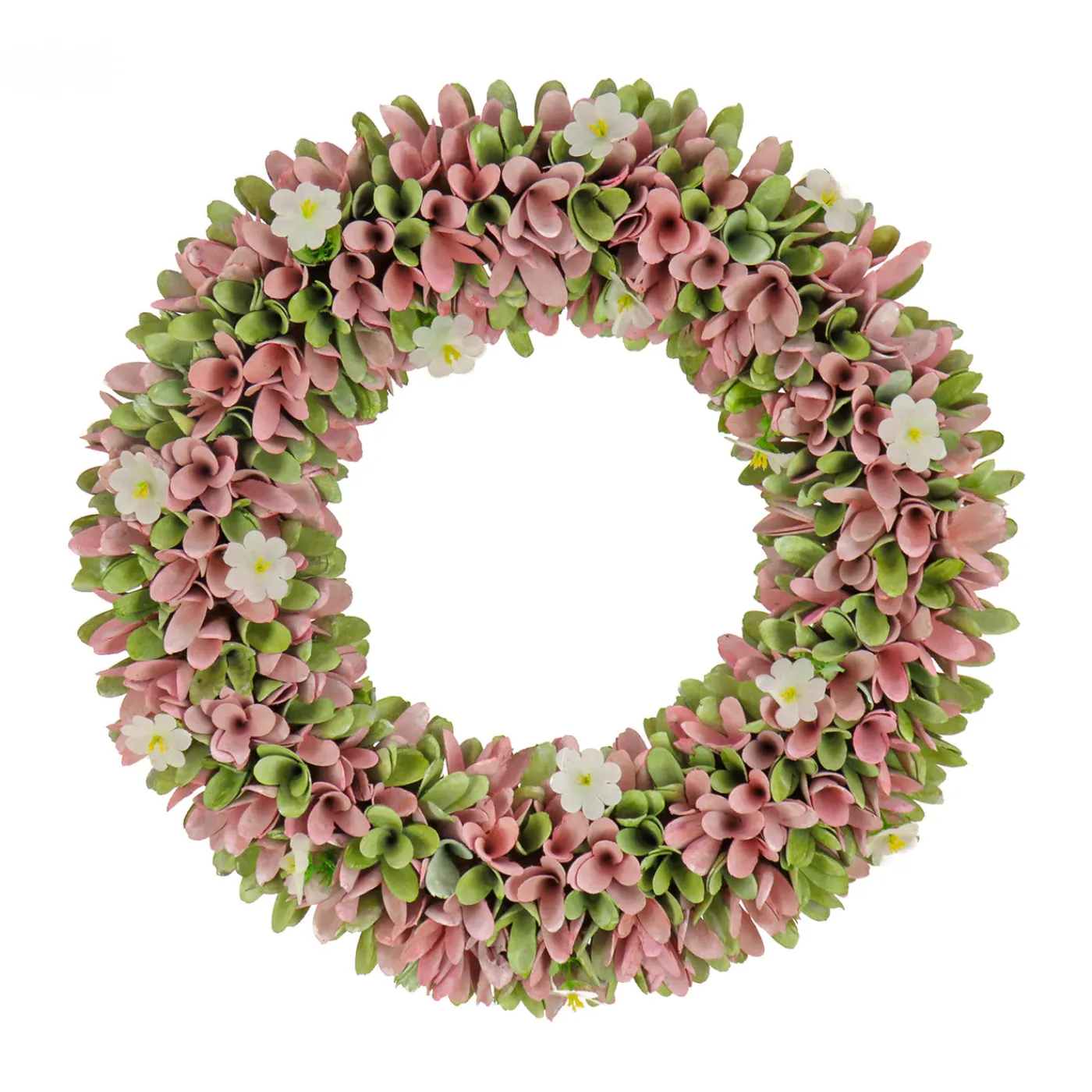 National Tree Company 18 in. Spring Wreath with Pink and Green Assorted Wood Cut Flowers, Flowing Green Leaves